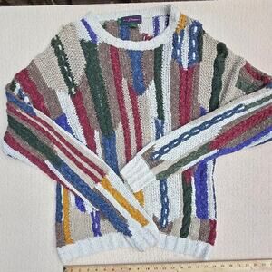 multicolor textured distressed stripe grandpa sweater size L ♡